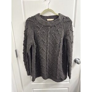 Tory Burch Wool Silk Alpaca Bobble Cable Knit Sweater Grey Marl Womens Large